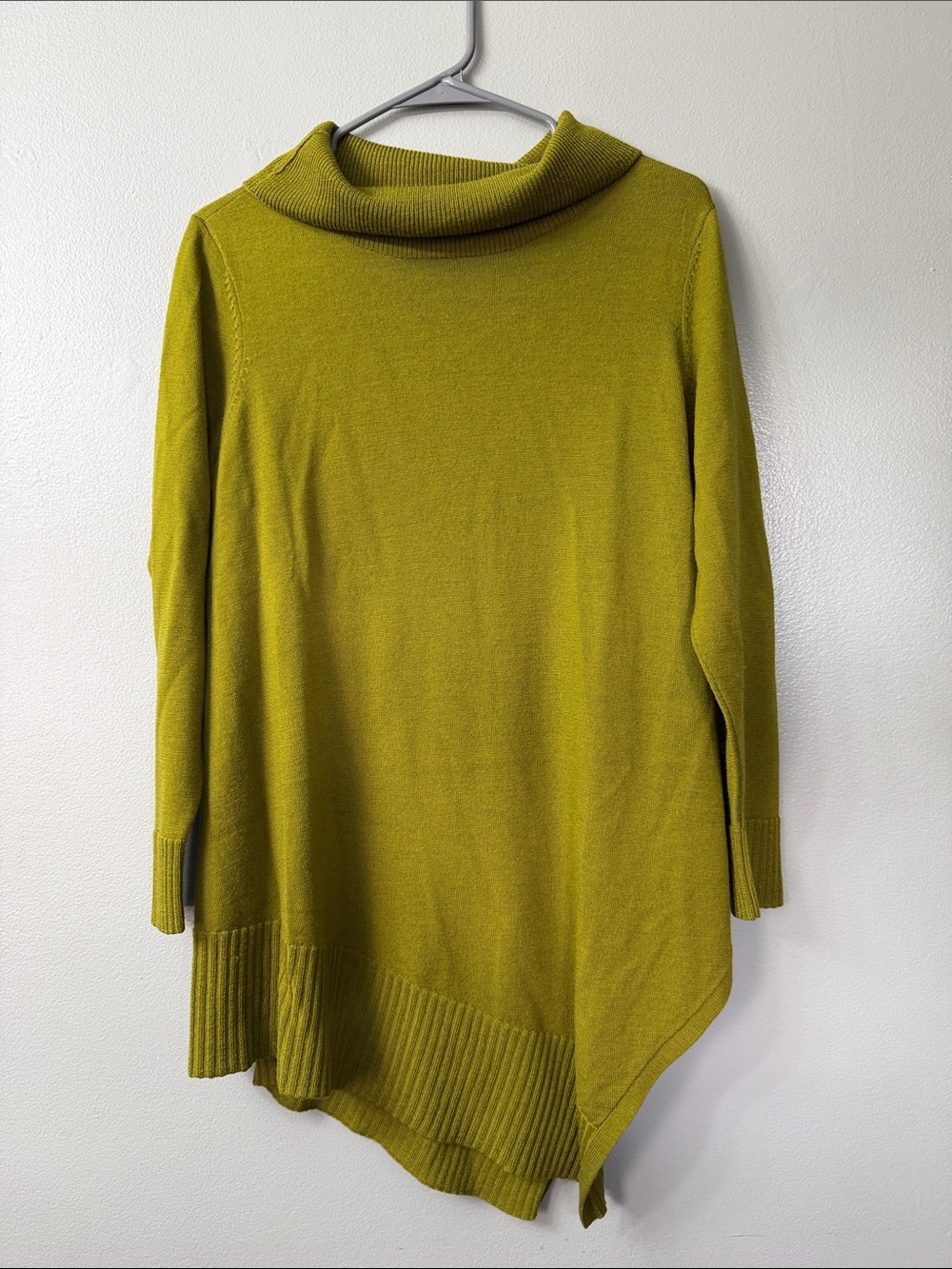Eileen Fisher olive green lightweight wool sweater cowl neck asymmetrical hem m